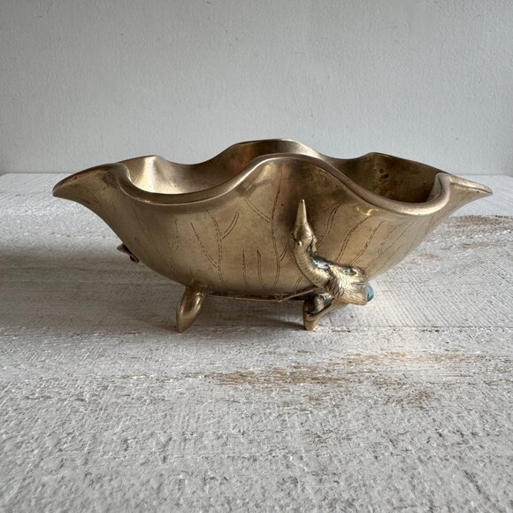 Vintage Brass Lilly Pad with Crane Bird Brass Bowl - Picture 4 of 13